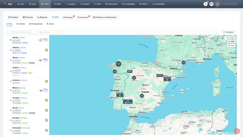 Mapa GPS do Giormo com a posição dos camiões em tempo real